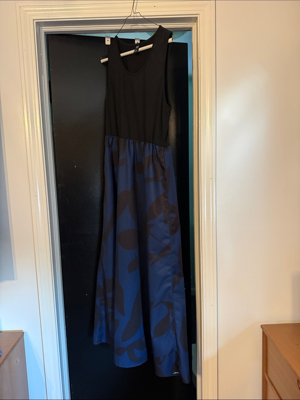 Sleeveless Black & Navy Maxi Dress with Printed Skirt